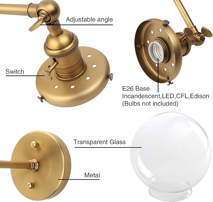 PERMO Vintage Wall Sconce Industrial Lighting Fixture with 5.9" Round Clear Glass Globe Hand Blown Shade (Antique)