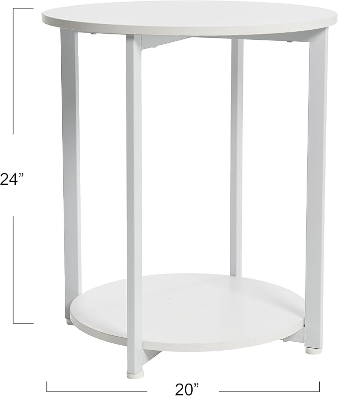 Household Essentials Jamestown Round Side End Table with Storage Shelf Scandinavian White and White Metal