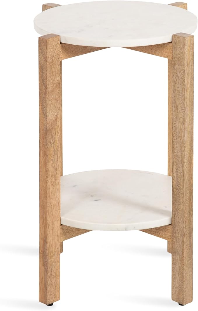 Kate and Laurel Moxley Transitional Round Side Table; 16 x 16 x 22; White Marble and Natural Wood; Tiered Pedestal Table with Authentic Marble Tabletops for Bedroom Nightstand or Indoor Plant Stand