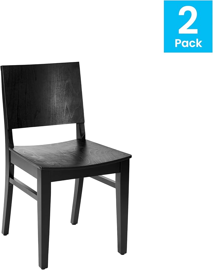 Flash Furniture Naples Commercial Solid Wood Dining Chair, Curved Backrest, Sturdy Mortise and Tenon Construction, Set of 2, Black