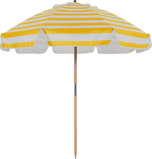 AMMSUN 7.5ft Heavy Duty HIGH Wind Beach Umbrella Commercial Grade Patio Beach Umbrella with Air Vent Ash Wood Pole & Carry Bag UPF 50+ Protection Yellow and white stripe