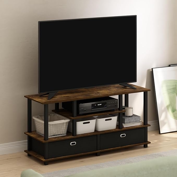 Furinno Jaya TV Stand, 4-Tier Entertainment Center with Open Shelf, TV Console for TV up to 55 Inch with 2 Storage Bins, Toolless Assembly, for Living Room, Bedroom, Amber Pine