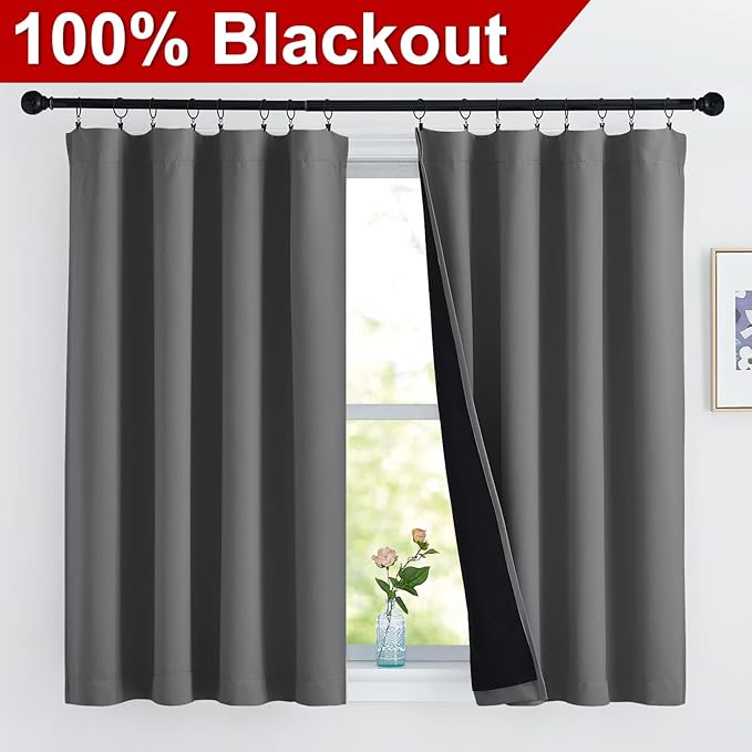 NICETOWN 100% Blackout Curtains with Black Liners, Thermal Insulated Rod Pocket Full Blackout 2-Layer Lined Drapes, Noise Reducing Window Draperies for Nursery (Grey, 2 Panels, 52 W by 54 L)