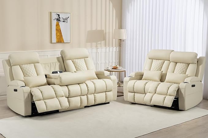 Zero Wall Hugger Power Reclining Sofa Set with Adjustable Headrest, Electric Reclining Couch with Drop-Down Table,Outlets, Power Loveseat Recliner Sofa for Living Room | Cat-Proof Leather