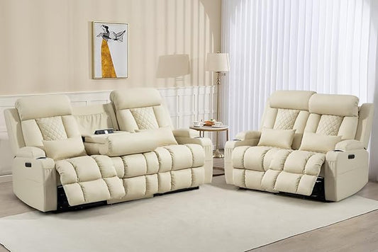 Zero Wall Hugger Power Reclining Sofa Set with Adjustable Headrest, Electric Reclining Couch with Drop-Down Table,Outlets, Power Loveseat Recliner Sofa for Living Room | Cat-Proof Leather