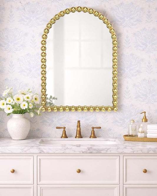 Gold Beaded Arched Wall Mirror 22x30 Inch, Vintage Decorative Arch Mirror with Beaded Frame, Accent Mirror for Entryway, Bathroom, Living Room, Bedroom, Fireplace