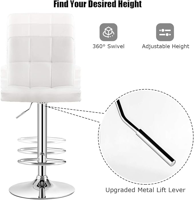 COSTWAY Adjustable Bar Stools Set of 4, Modern Swivel PU Leather Bar Chair with Backrest, Soft Cushioned Seat, Footrest, Sturdy Metal Frame, Comfortable Barstools for Kitchen Island, Pub, White