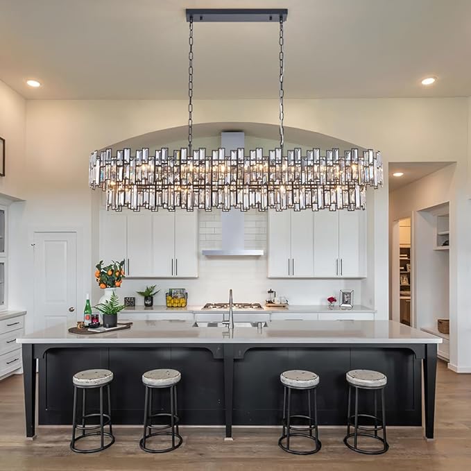 Black Contemporary Chandelier Foyer Entryway Lighting, 2-Tier Large Foyer Entrance Chandeliers for Living Room Kitchen Island High Ceiling Big Crystal Chandelier(Length 55.1 inch 21 Lights)