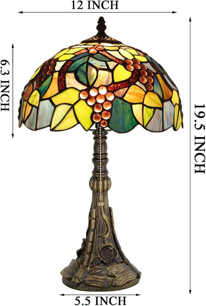 Tiffany Table Lamp Stained Glass Lamp 12X12X19 Inch Antique Reading Light (Amber Grape)