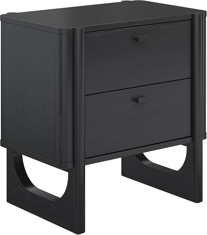 Nathan James Solace Mid Century Modern 2 Drawer Nightstand with Solid Wood Frame and Rounded Details, Black