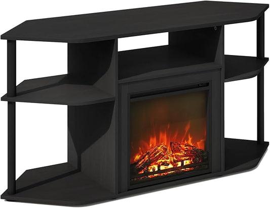 Furinno Jensen Fireplace TV Stand, NO Heat Decorative Electric Fireplace Corner TV Stand for TV up to 55 Inch, with Open Shelf, for Living Room, Americano/Black