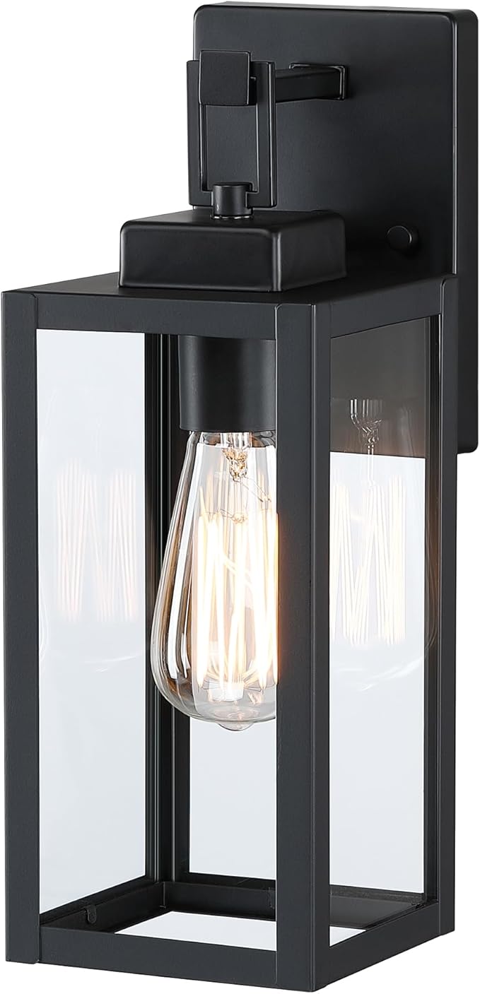 12” Black Wall Sconce Lights-12 Inch Outdoor Wall Light,Exterior Sconce Steel and Glass Outdoor Porch Light, Black Lantern for Front Porch Garage Balcony