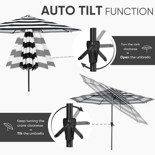 Tempera Patio Market Outdoor Table Umbrella with Auto Tilt and Crank, Large Sun Umbrella with Sturdy Pole & Fade Resistant Canopy, Easy to Set