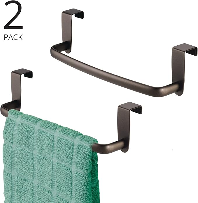 mDesign Steel Metal Wire Over Cabinet Towel Rack Storage Organizer - Hang on Cabinet or Door - Towel Bar Holder for Kitchen - Holds Hand Towels, Washcloths - Spira Collection, 2 Pack, Bronze