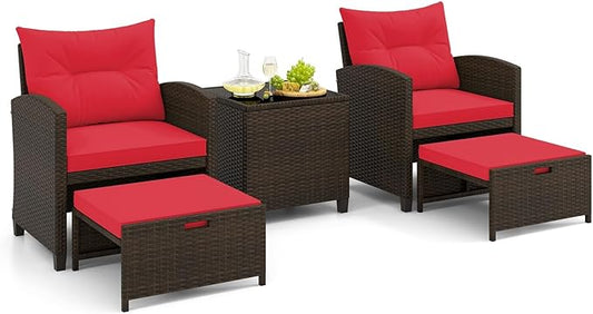 Tangkula 5 Pieces Patio Conversation Set, PE Wicker Rattan Outdoor Furniture Set with 2 Chairs, 2 Ottomans & Tempered Glass Coffee Table, Ideal for Poolside, Backyard, Lawn, Deck, Mix Brown & Red