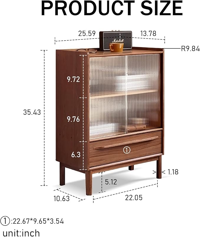 100% Solid Wood Storage Cabinet with Glass Doors and Drawers, Buffet Cabinet with Drawers, Display Sideboard for Living Room, Home Office, Dining Room (Walnut, 25.59" D x 13.78" W x 35.4" H)