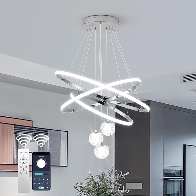 LED Modern 3 Ring Chandeliers for Dining Room, 24in Dimmable Kitchen Pendant Lamp, Silver Dining Room Light Fixtures Ceiling Hanging Over Table, Globe Round Chandeliers for Living Room, Chrome