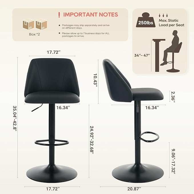 COLAMY Adjustable Bar Stools, Modern PU Leather Bar Chairs with Curved Mid-Back, 360° Swivel Counter Height Stools with Footrest & Sturdy Base for Kitchen Island, Dining Room, Home Bar,Set of 4