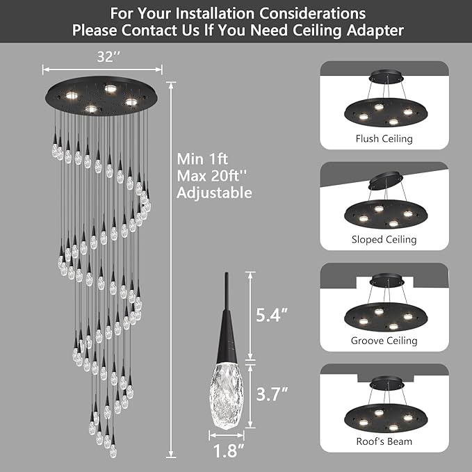 56-Lights 20 Feet Large Modern Chandelier LED Light Fixtures High Ceiling Long Light Chandelier for Entrance Foyer Dimmable Lights with Remote Living Room Ceiling Pendant Lighting Black