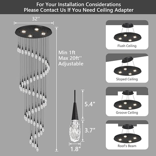 56-Lights 20 Feet Large Modern Chandelier LED Light Fixtures High Ceiling Long Light Chandelier for Entrance Foyer Dimmable Lights with Remote Living Room Ceiling Pendant Lighting Black