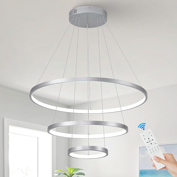 Modern Silver LED Chandeliers 3 Rings Chandelier 23.6" Dimmable LED Pendant Light Fixture Remote Control Contemporary Flush Mount Chandelier for Dining Room Bedroom Foyer, 3000-6500K