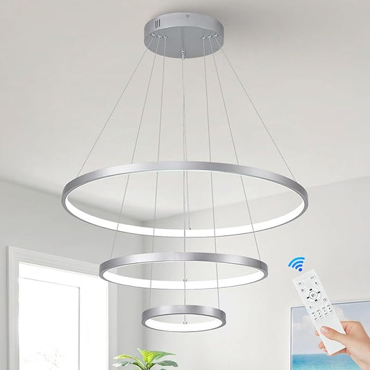 Modern Silver LED Chandeliers 3 Rings Chandelier 23.6" Dimmable LED Pendant Light Fixture Remote Control Contemporary Flush Mount Chandelier for Dining Room Bedroom Foyer, 3000-6500K