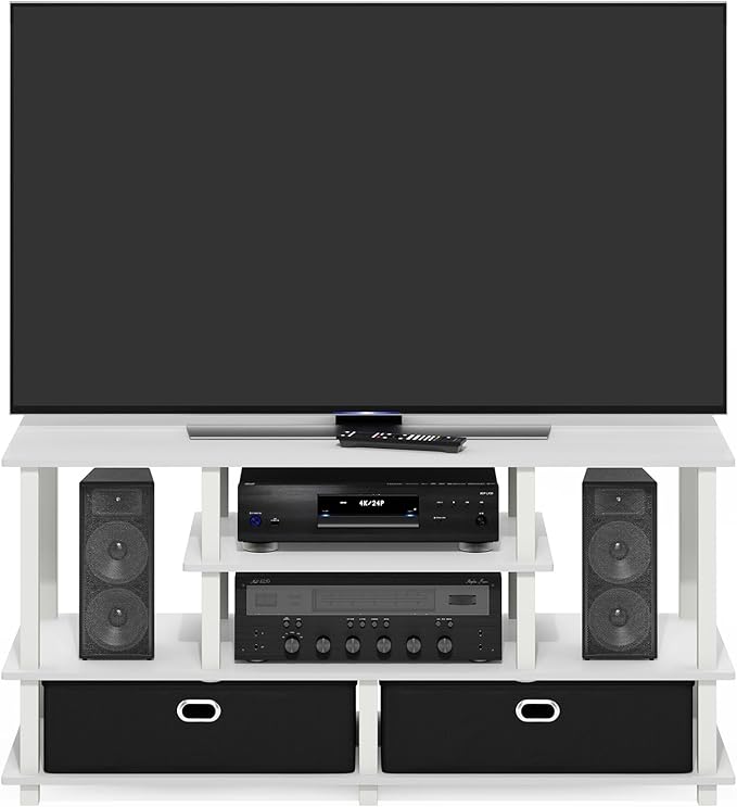 Furinno Jaya TV Stand, 4-Tier Entertainment Center with Open Shelf, TV Console for TV up to 55 Inch with 2 Storage Bins, Toolless Assembly, for Living Room, Bedroom, White