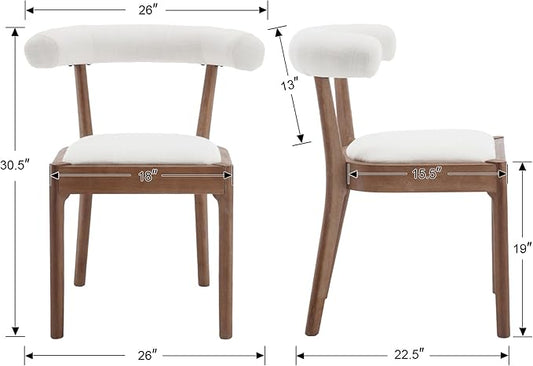 Kmax Dining Room Chairs Mid-Century Modern Fabric Kitchen Chairs with Natural Walnut Finished Frame, Linen Curved Back, Set of 2, White