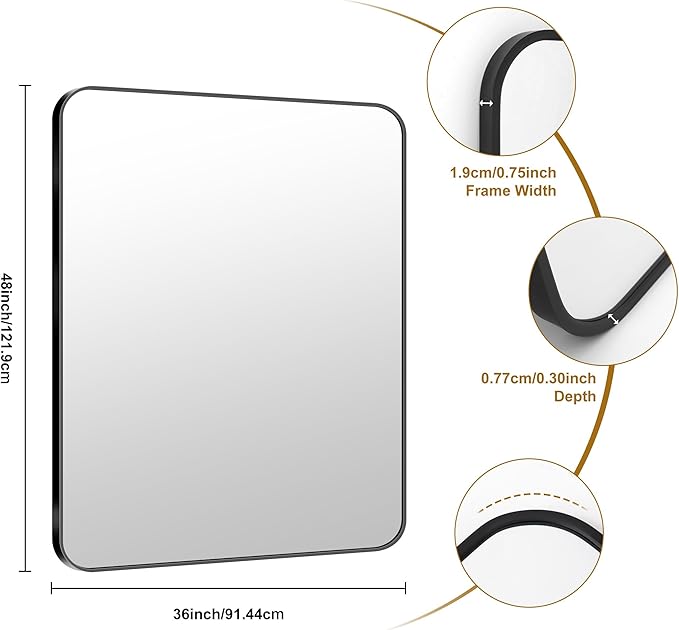 KOCUUY Black Mirror, 36x48 Inch Rectangle Bathroom Mirror with HD Tempered Glass, Anti-Rust Frame, Vanity Mirror with Rounded Corner for Bathroom, Living Room, Entryway, Hang Horizontal/Vertical