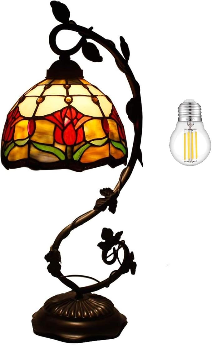WERFACTORY Tiffany Lamp Red Stained Glass Tulip Table Lamp, Metal Leaf Base 8X10X21 Inches Reading Desk Light Decor Small Space Bedroom Home Office S030 Series