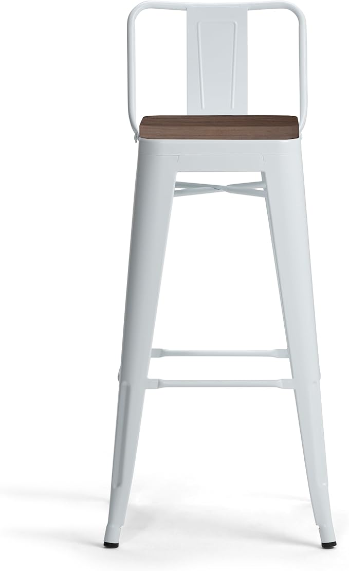 SIMPLIHOME Rayne Industrial Metal 30 inch Metal / Wood Bar Stool (Set of 2) in White for the Dining Room and Kitchen