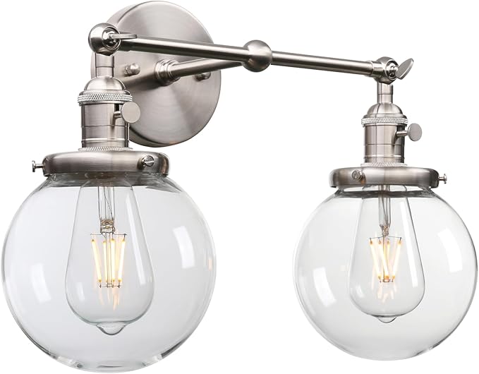 PERMO Double Sconce Vintage Industrial Antique 2-Lights Wall Sconces with Dual Mini 5.9" Round Clear Glass Globe Shade (Brushed Nickel)