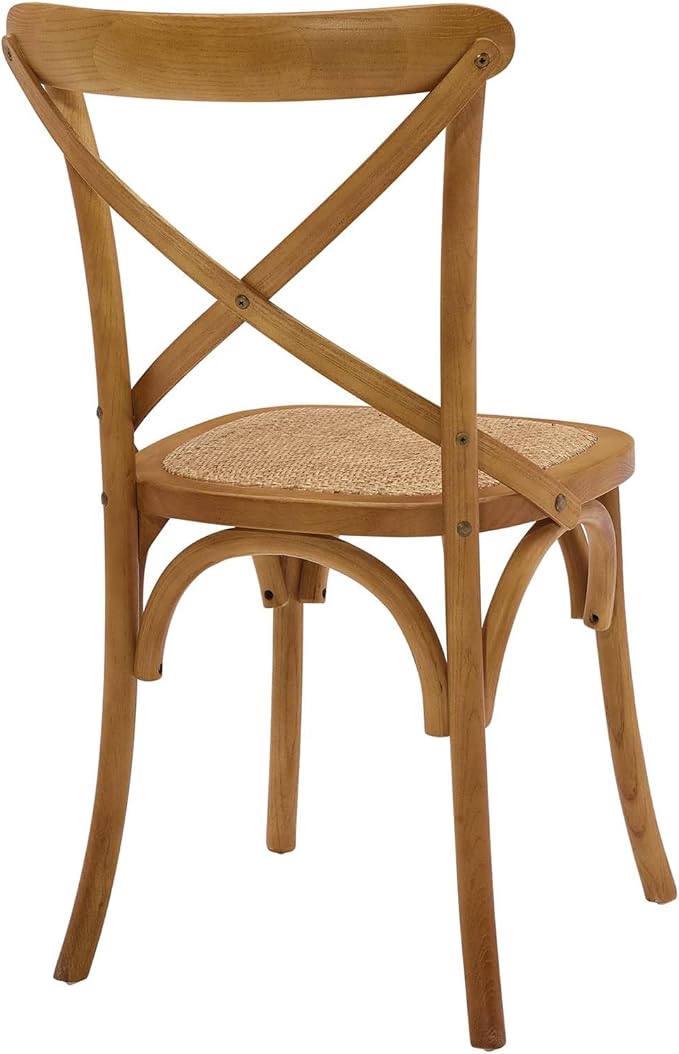 Modway Gear Rustic Modern Farmhouse Elm Wood Rattan Four Dining Chairs in Walnut