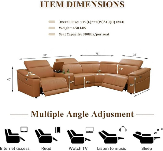 Breathing Leather Recliner Sectional Sofa, Reclining Sectional Couch with Adjustable Headrest&Storage Console, L Shaped Couch with Dual Recliner for Living Room (Light Brown)