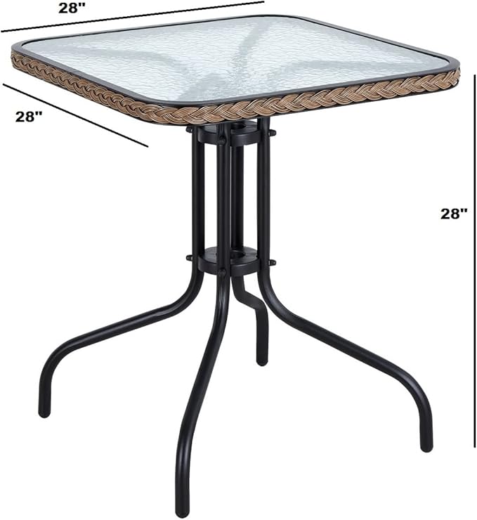 BTEXPERT Indoor Outdoor 28" Tempered Glass Trim Restaurant Aluminum Slat Stack Lightweight, 4 Metal Chairs with a Square Rattan Table, Bronze/Brown