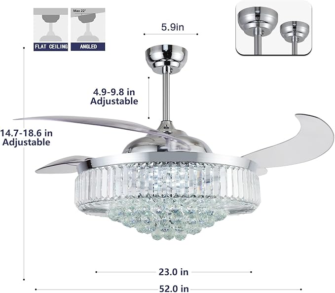 DuMaiWay 52" Dimmable Chandelier Ceiling Fan with Lights, Fandelier, Retractable Crystal Ceiling Fan Chandelier with Remote Control LED Light for Bedroom Living Room Polished Chrome 6 Speed