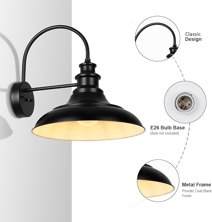 Dusk to Dawn Sensor Outdoor Barn Light Fixture, 16 Inch Dome Farmhouse Outdoor Wall Sconce, Rustic Exterior Wall Mount Light, Industrial Black White Wall Lantern for Porch, 1 Pack