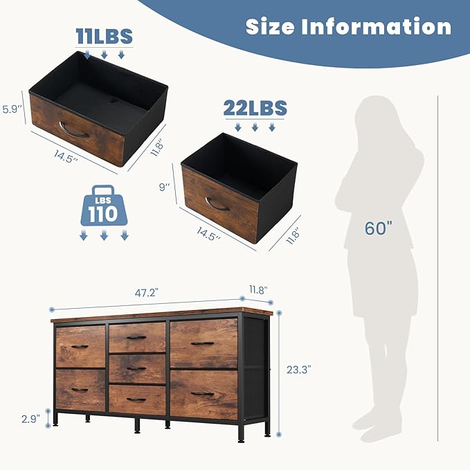 DUMOS TV Stand 7 Drawer Dresser for Bedroom with Storage TV Stands for Living Room Grey, Farmhouse Entertainment Center Media Console Table with Metal Frame Adjustable Feet