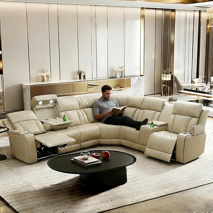 Power Reclining Sofa Set with LED Light, Living Room Furiture Set,Leather Reclining Sectional Couch with USB Port/Cup Holder for Living Room Home Office