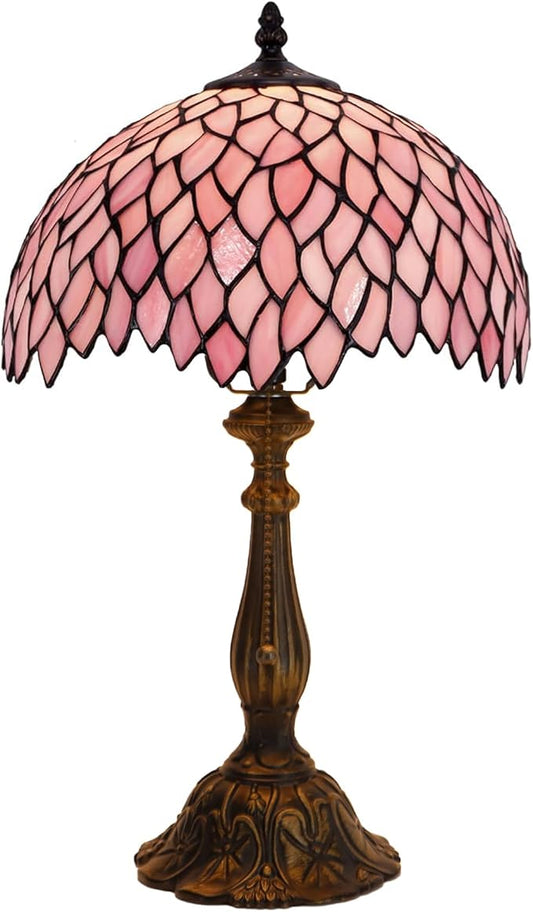 Tiffany Lamp Stained Glass Table Lamp Bedside Reading Light W12H19 Inches (Pink Wisteria)