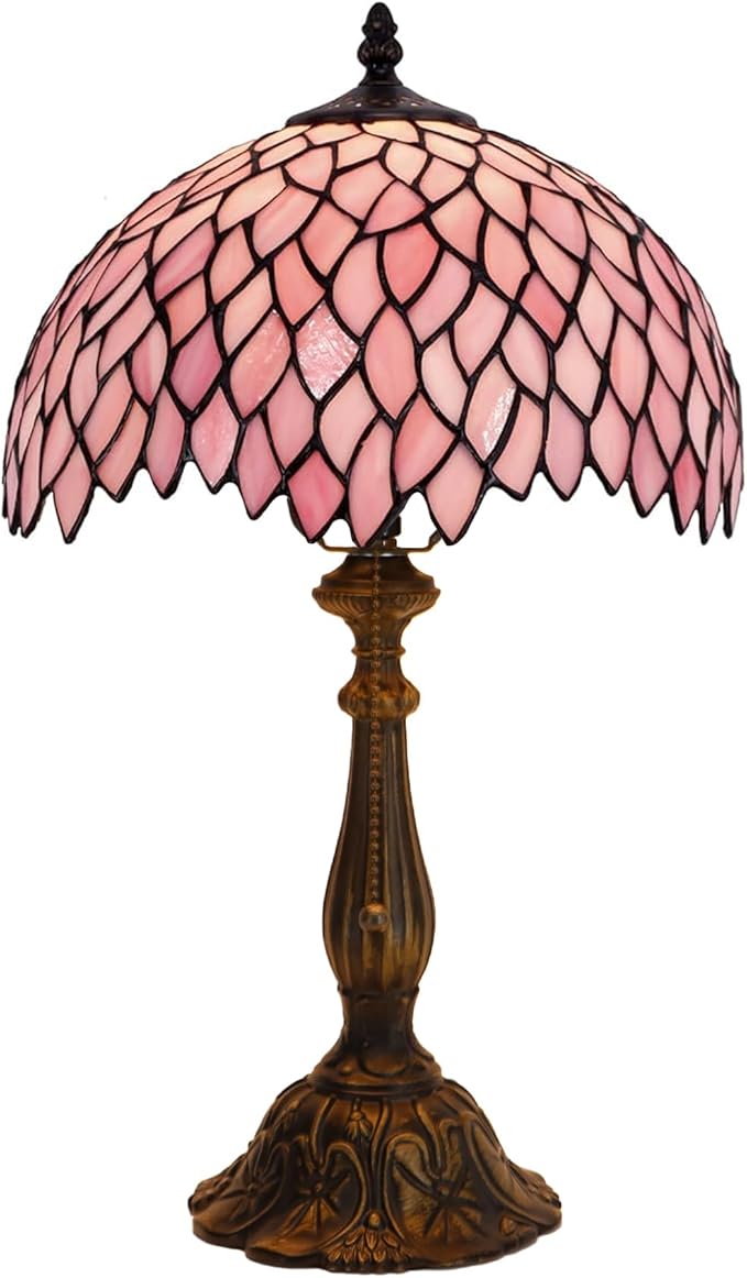 Tiffany Lamp Stained Glass Table Lamp Bedside Reading Light W12H19 Inches (Pink Wisteria)