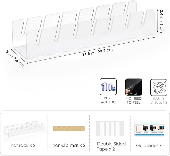 HAYVAN Hat Stand for Baseball Caps Display and Organizer - No Install Hat Organizer 2 Pack Holds 14 Baseball Caps for Closet, Bedroom, Dresser(Frosted clear acrylic)