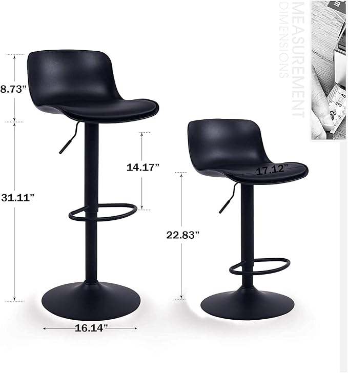 YOUNIKE Bar Stools Set of 2 Modern Black PU Counter Height Barstool, High Padded Adjustable Swivel Barstools with Back for Bar Counter and Kitchen Island