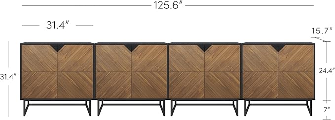 Nathan James Enloe Modern Sideboard Buffet Storage Accent Cabinet TV Stand with Doors in Rustic Pine Wood Finish and Matte Metal Base for Hallway, Kitchen or Living Room, Walnut Brown/Black, Set of 4