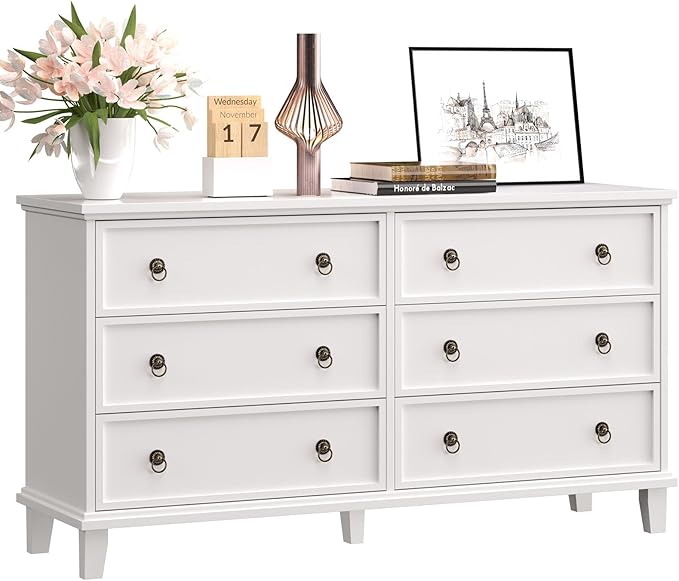 Large Dressers for Bedroom, 53.1" Wide White Farmhouse Dresser 6 Drawers, Wood Large Chest of Drawers for Bedroom, Living Room, Hallway