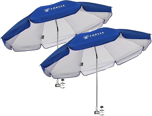 AMMSUN Chair Umbrella with Universal Clamp Adjustable 47 inches and 360° Swivel & UPF 50+ Protection Portable Sun Umbrella, Secure Clip on Camping/Beach Chairs, Stroller, Wheelchair, Golf cart, Lounger, Blue, 2 PACK
