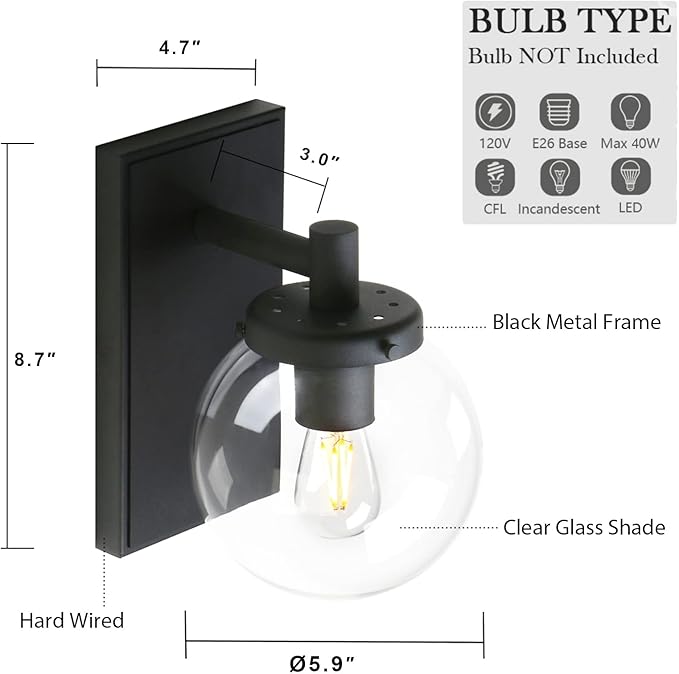 Pathson Vintage Hardwired Wall Sconce, Industrial Bathroom Vanity Light with Globe Glass, Indoor Wall Lamp Fixtures for Hallway Kitchen Bedroom