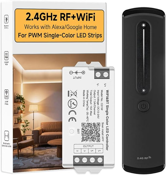 BTF-LIGHTING RF 2.4GHz Wireless Remote RC07RFB & C01W 2.4GHz Tuya WiFi Controller Kit Alexa Google Home APP Control Dimming for Single Color PWM 5050SMD FCOB (+V -V) 2PIN LED Strip DC12V DC24V
