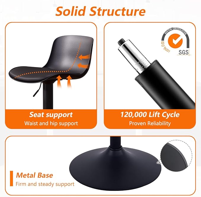Kidol & Shellder Bar Stools Set of 2 Black Adjustable Swivel Barstools Modern PU Leather Upholstered Counter Height Stools,Armless with Back Bar Chairs for Kitchen Island