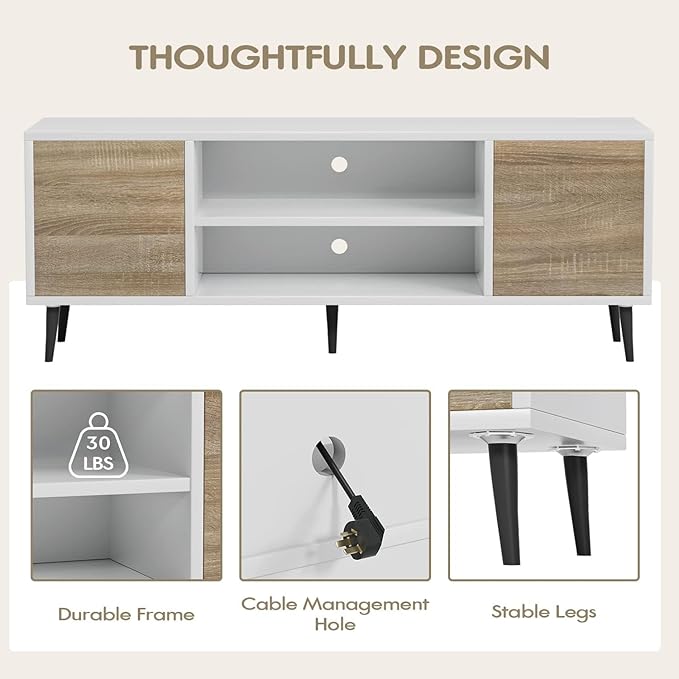 YESHOMY Modern TV Stand for 65" Television, Entertainment Center with Two Storage Cabinets and Open Shelves, Retro Style Media Console for Living Room, Bedroom, Office, 58 Inch, Light Beige